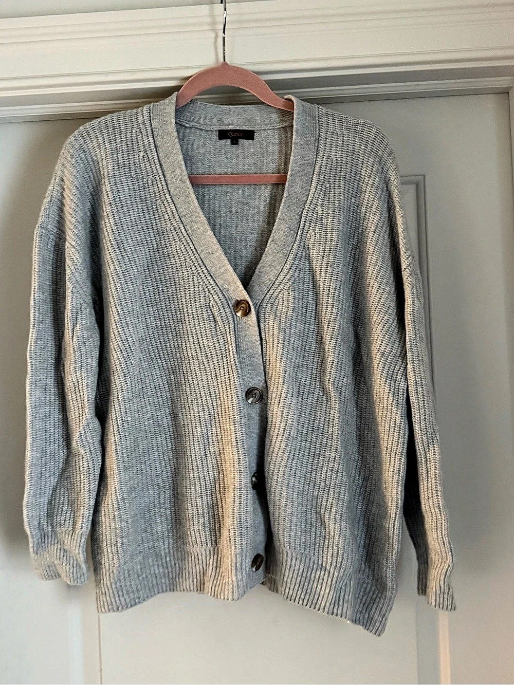 Quince Ribbed Button-Front Cashmere Cardigan in Gray Small